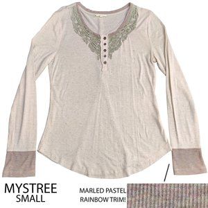MYSTREE Henley Tee Cream Pastel Rainbow Trim Small